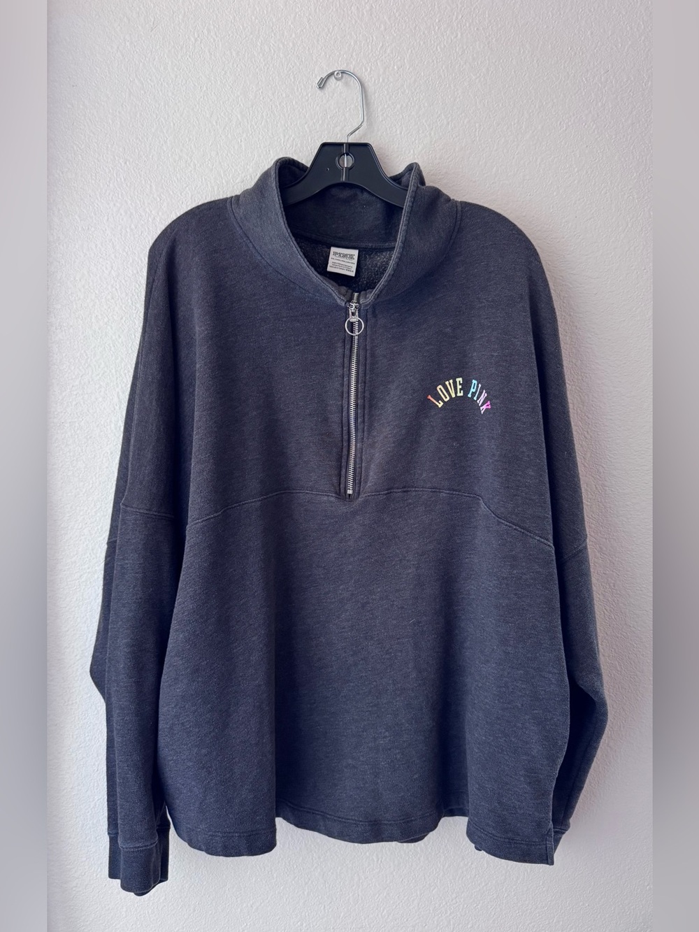 Victoria's Secret PINK Varsity Half Zip Pullover Sweatshirt Dark Gray Logo XXL